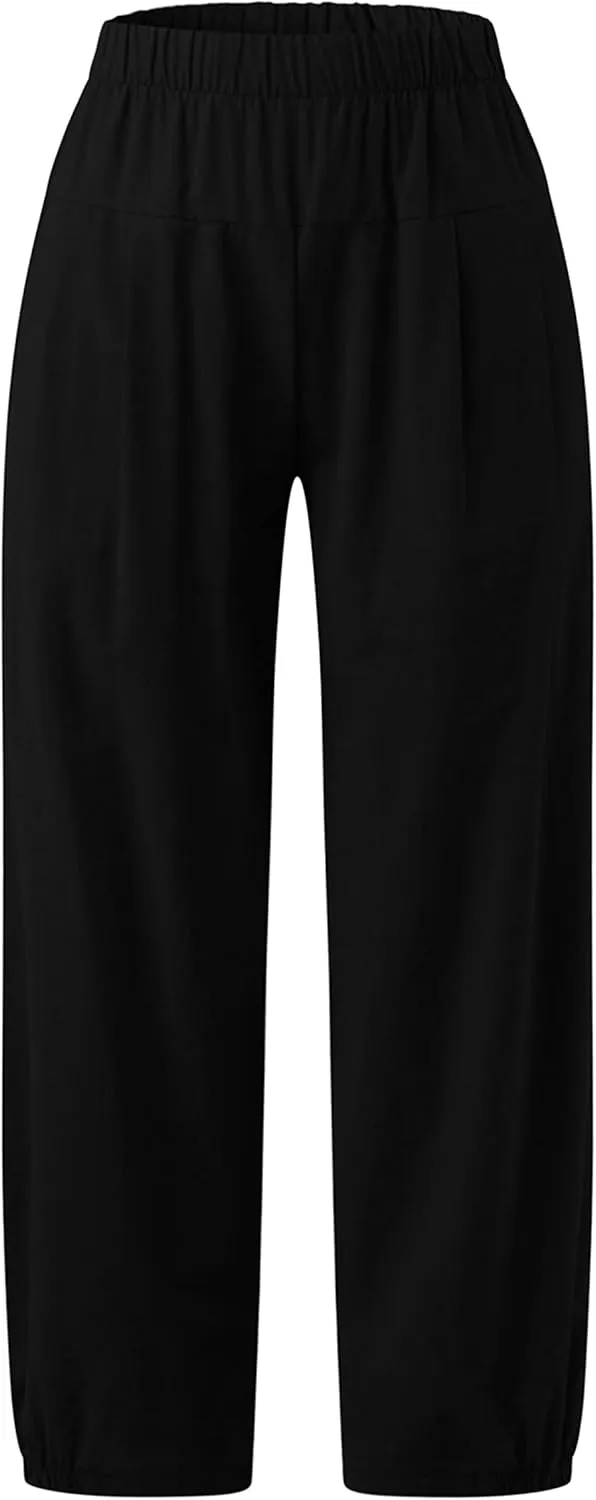 Bozanly Womens Summer Capri Pants Elastic Waist Cotton Linen Yoga Cropped Pants Trousers