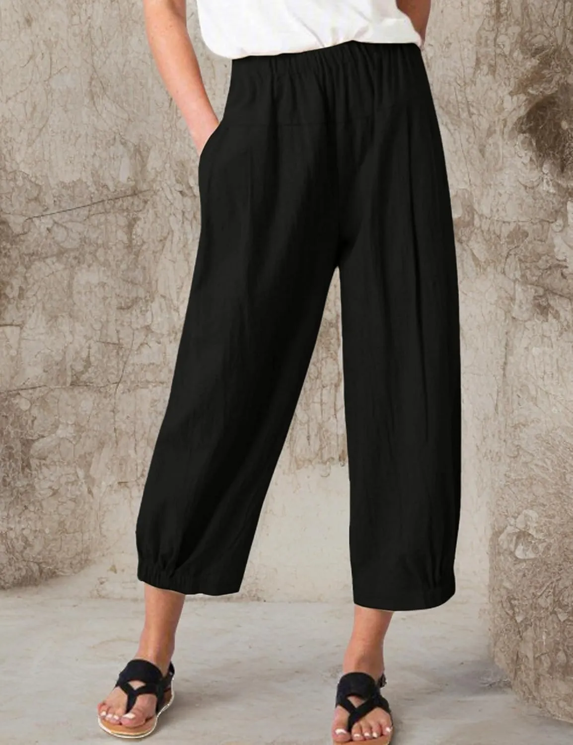 Bozanly Womens Summer Capri Pants Elastic Waist Cotton Linen Yoga Cropped Pants Trousers