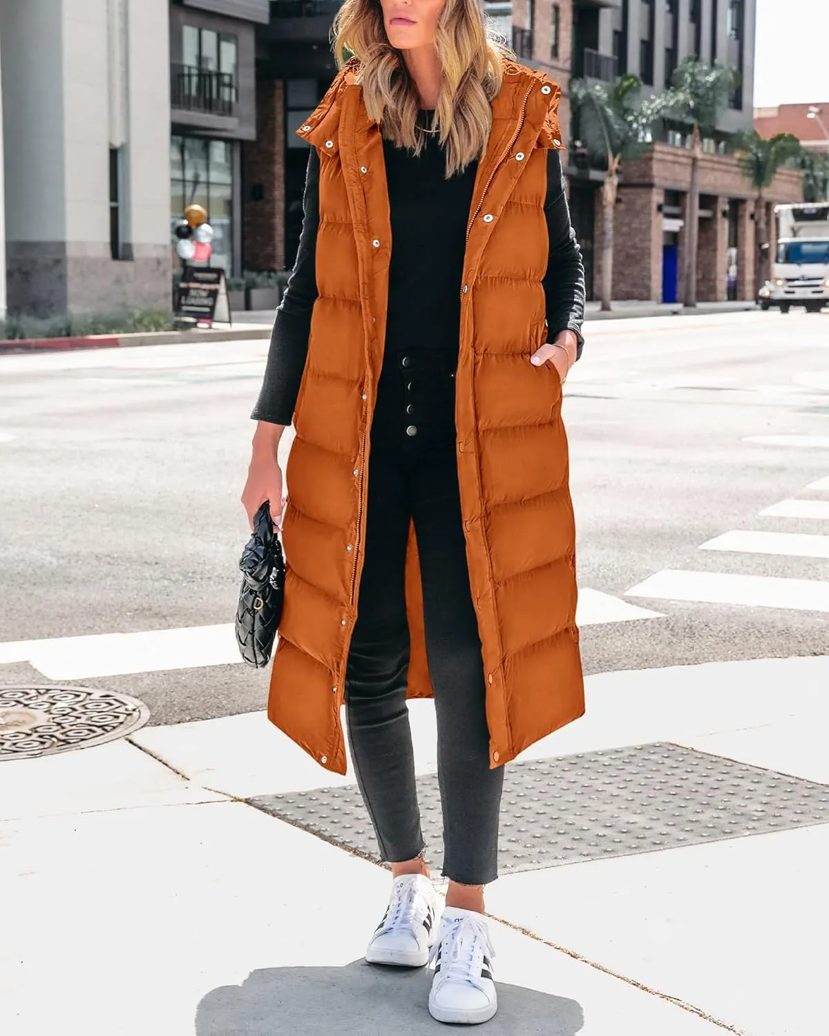BTFBM Long Puffer Vest Women Quilted Hooded Button Down Zip Up Sleeveless Vests Outerwear Padded Jacket Fall Winter Coat