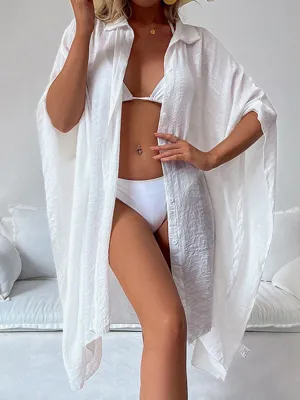 Button Up Three-Quarter Sleeve Cover Up
