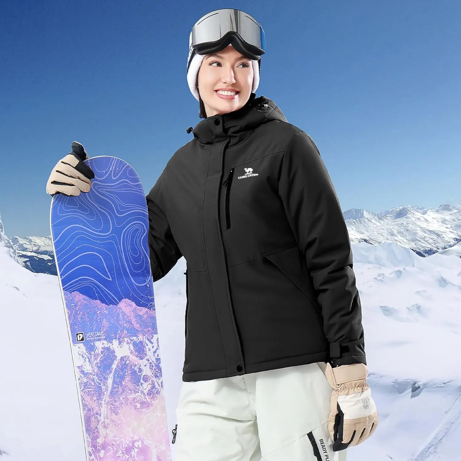 CAMEL CROWN Women's Waterproof Ski Jacket Windproof Hooded Winter Coat Warm Inner Jacket Outdoor Hiking