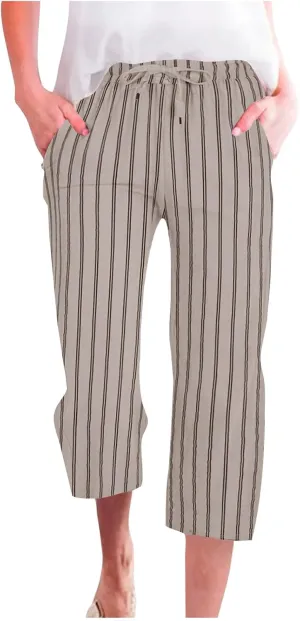 Capri Pants for Women Cotton Linen Casual Summer 2025 Wide Leg Loose Drawstring Elastic Waist Striped Cropped Trouser