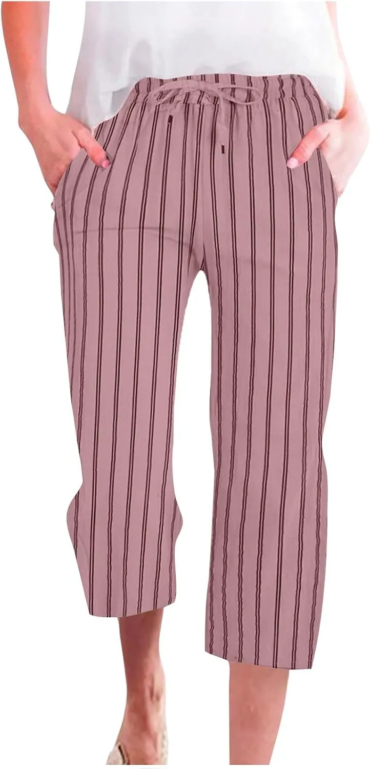 Capri Pants for Women Cotton Linen Casual Summer 2025 Wide Leg Loose Drawstring Elastic Waist Striped Cropped Trouser