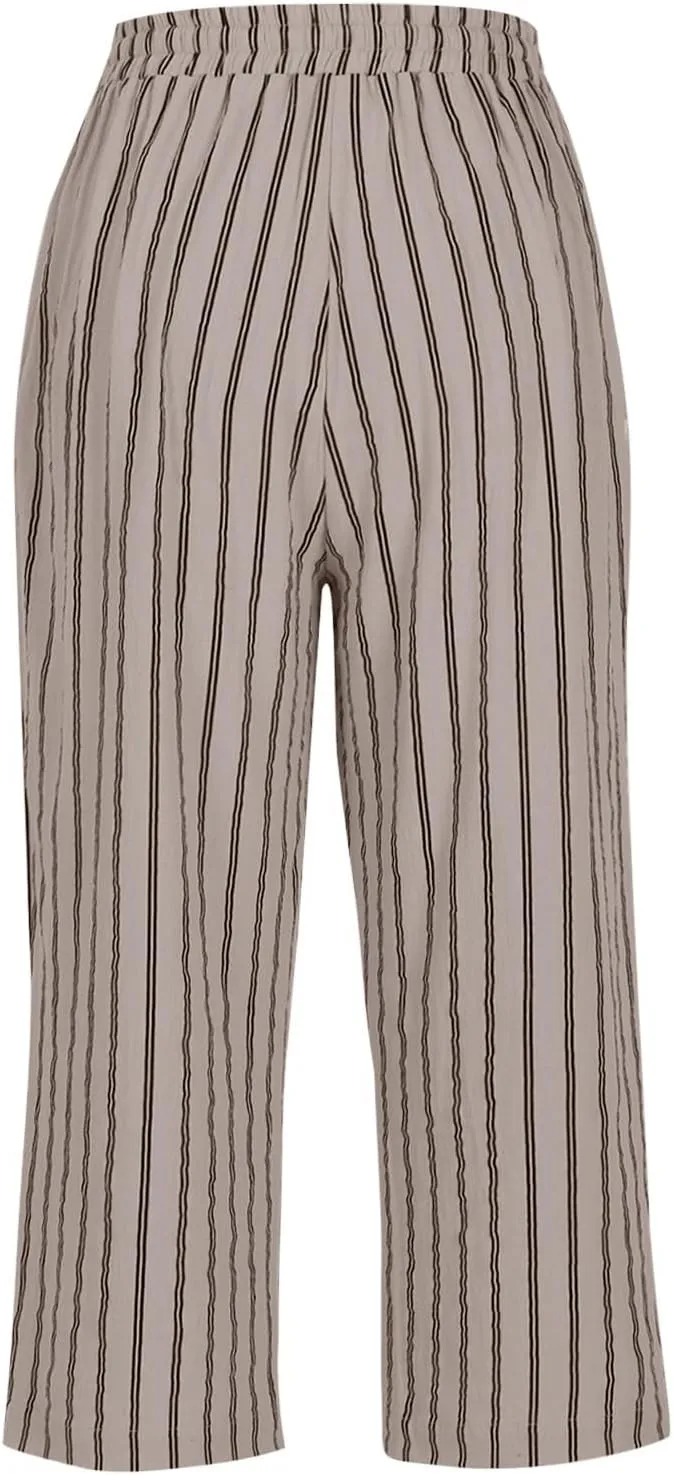 Capri Pants for Women Cotton Linen Casual Summer 2025 Wide Leg Loose Drawstring Elastic Waist Striped Cropped Trouser