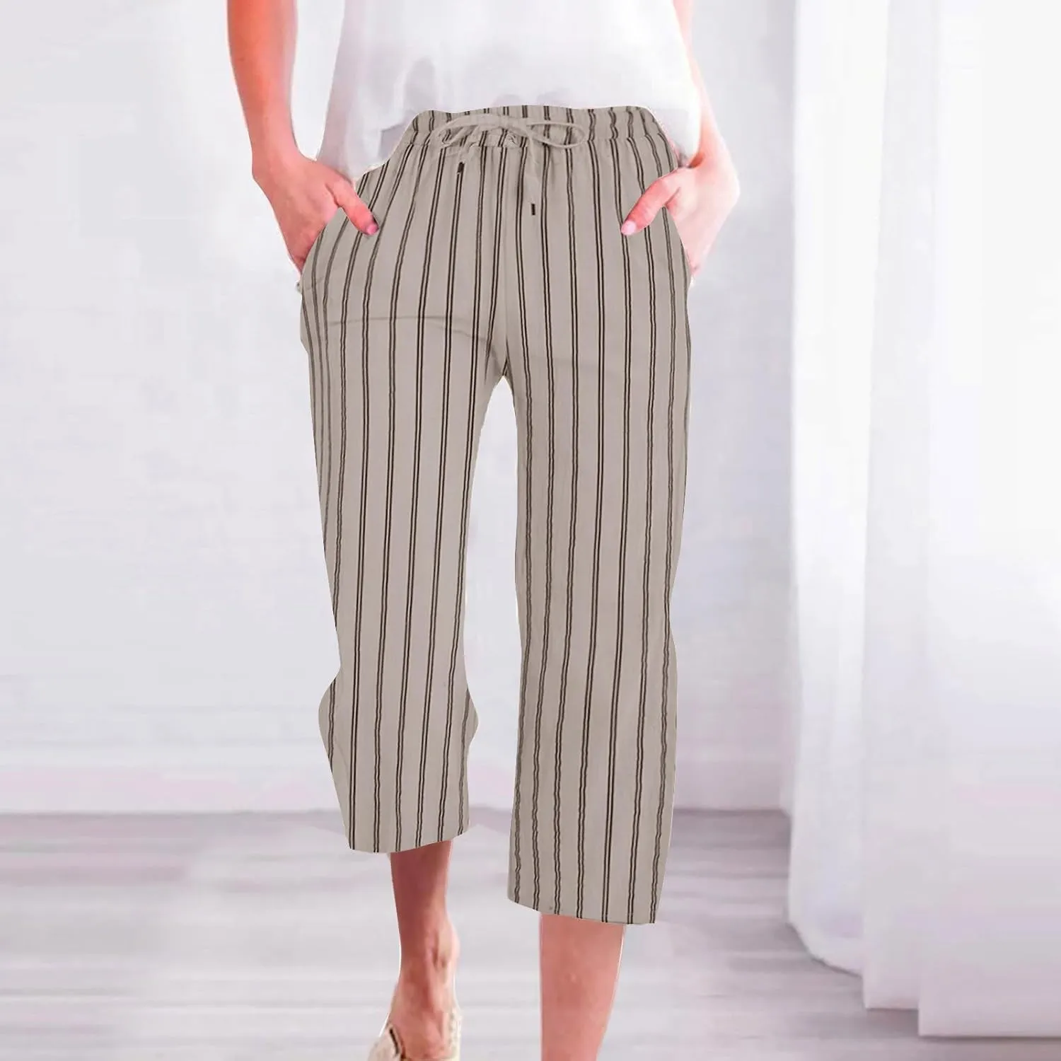 Capri Pants for Women Cotton Linen Casual Summer 2025 Wide Leg Loose Drawstring Elastic Waist Striped Cropped Trouser