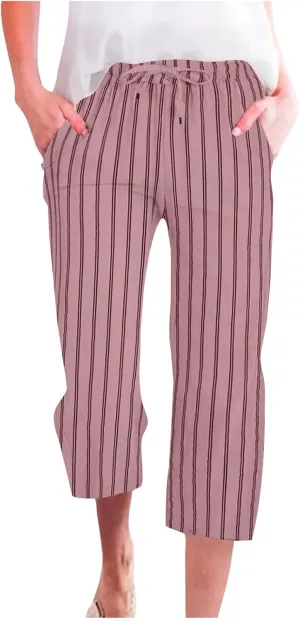 Capri Pants for Women Cotton Linen Casual Summer 2025 Wide Leg Loose Drawstring Elastic Waist Striped Cropped Trouser