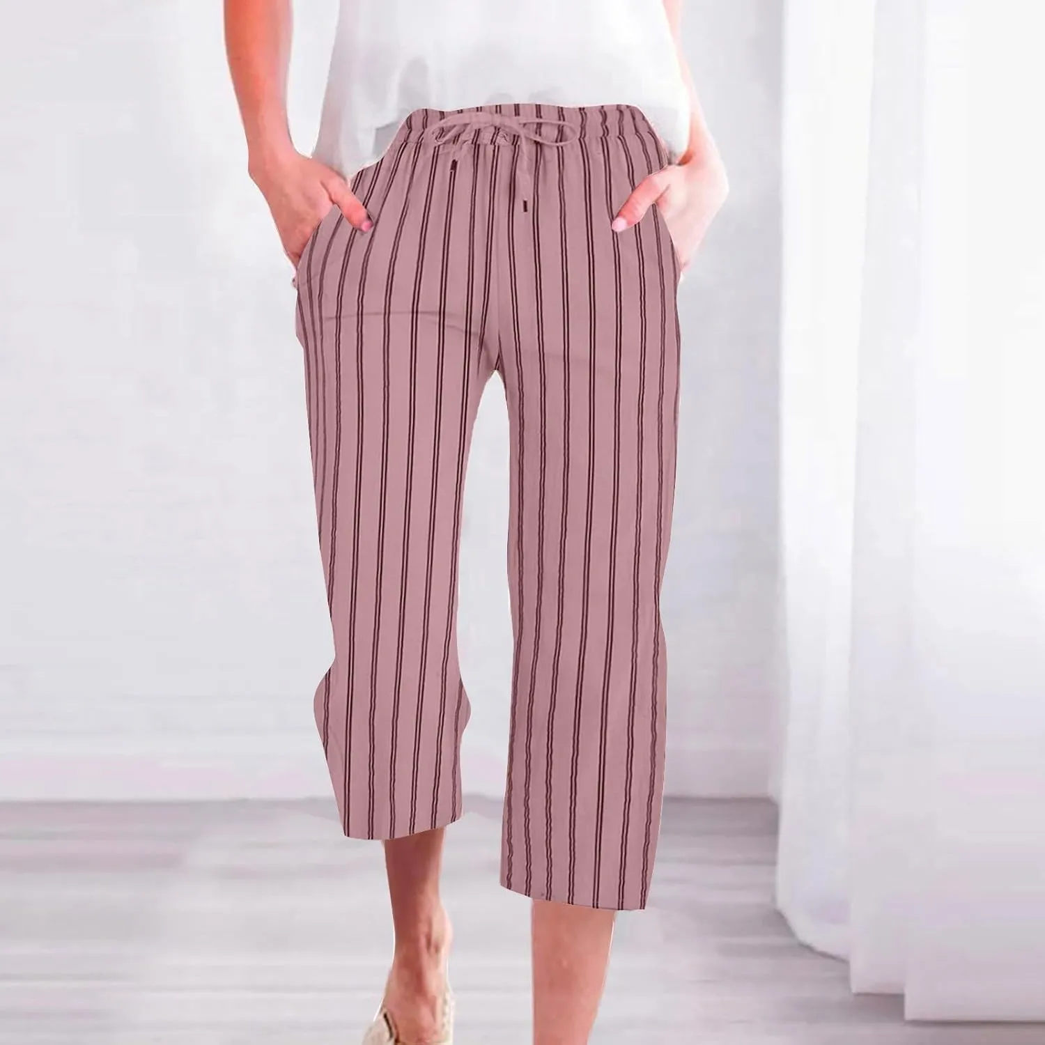 Capri Pants for Women Cotton Linen Casual Summer 2025 Wide Leg Loose Drawstring Elastic Waist Striped Cropped Trouser