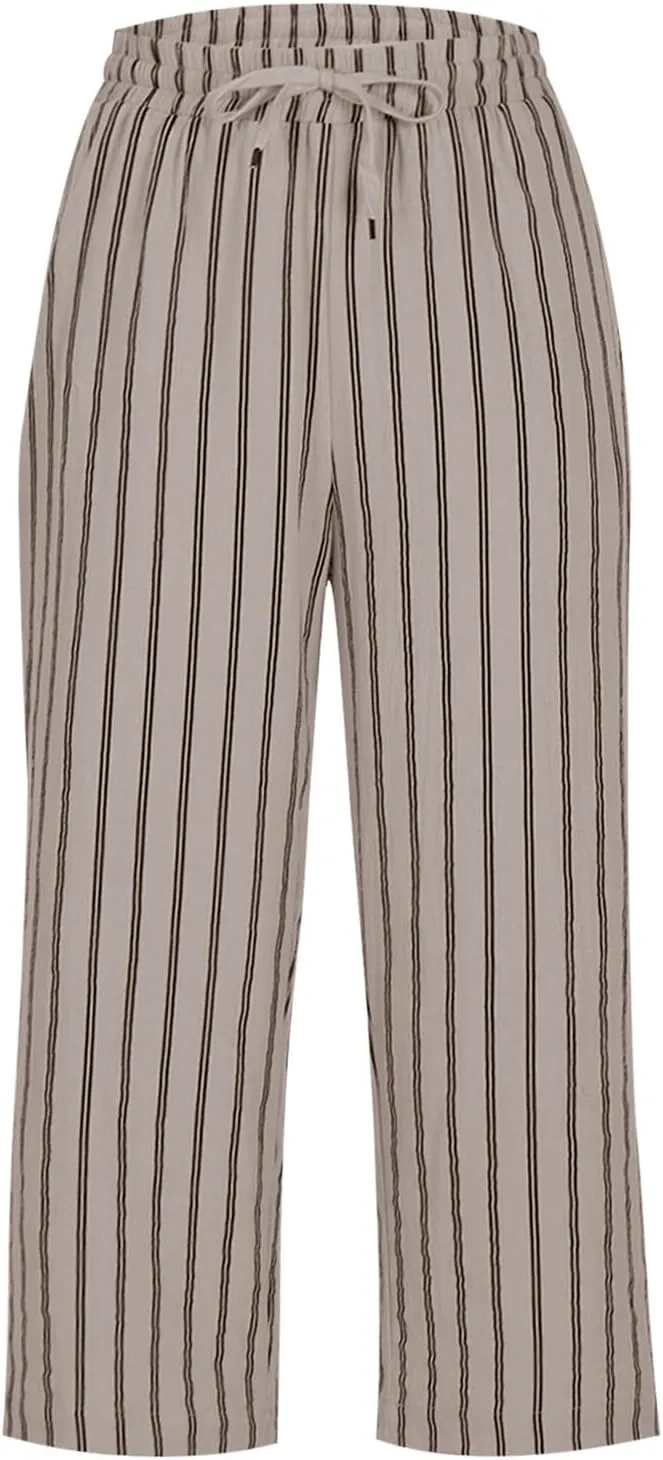 Capri Pants for Women Cotton Linen Casual Summer 2025 Wide Leg Loose Drawstring Elastic Waist Striped Cropped Trouser