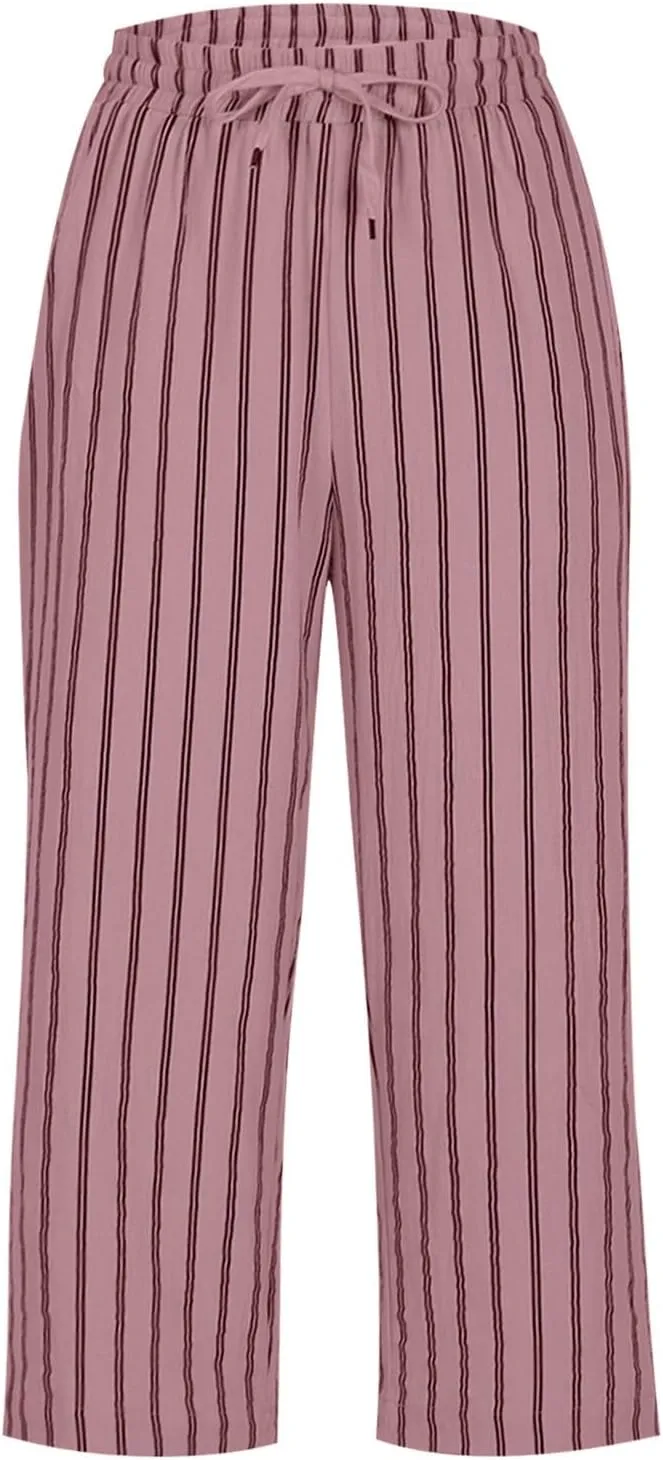 Capri Pants for Women Cotton Linen Casual Summer 2025 Wide Leg Loose Drawstring Elastic Waist Striped Cropped Trouser