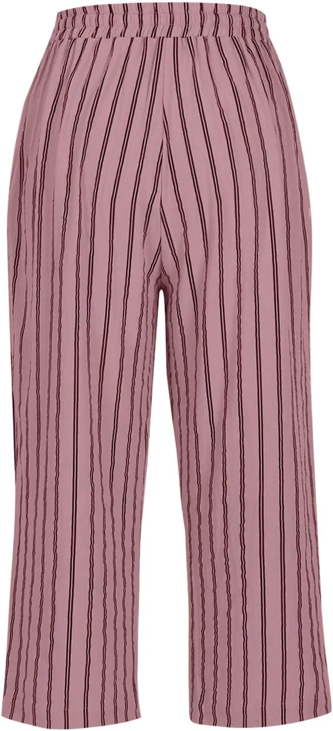 Capri Pants for Women Cotton Linen Casual Summer 2025 Wide Leg Loose Drawstring Elastic Waist Striped Cropped Trouser