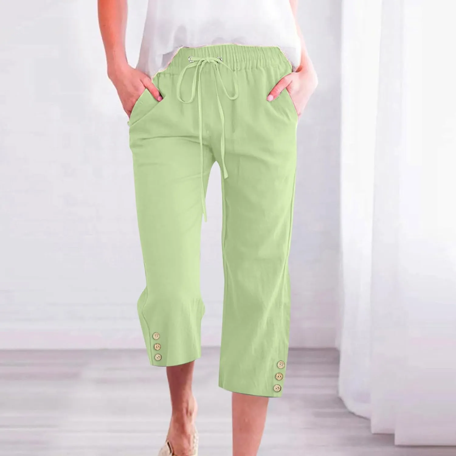 Capri Pants for Women Plus Size Button Summer Linen Pants Straight Leg Cropped Trouser High Waist Drawstring Capris