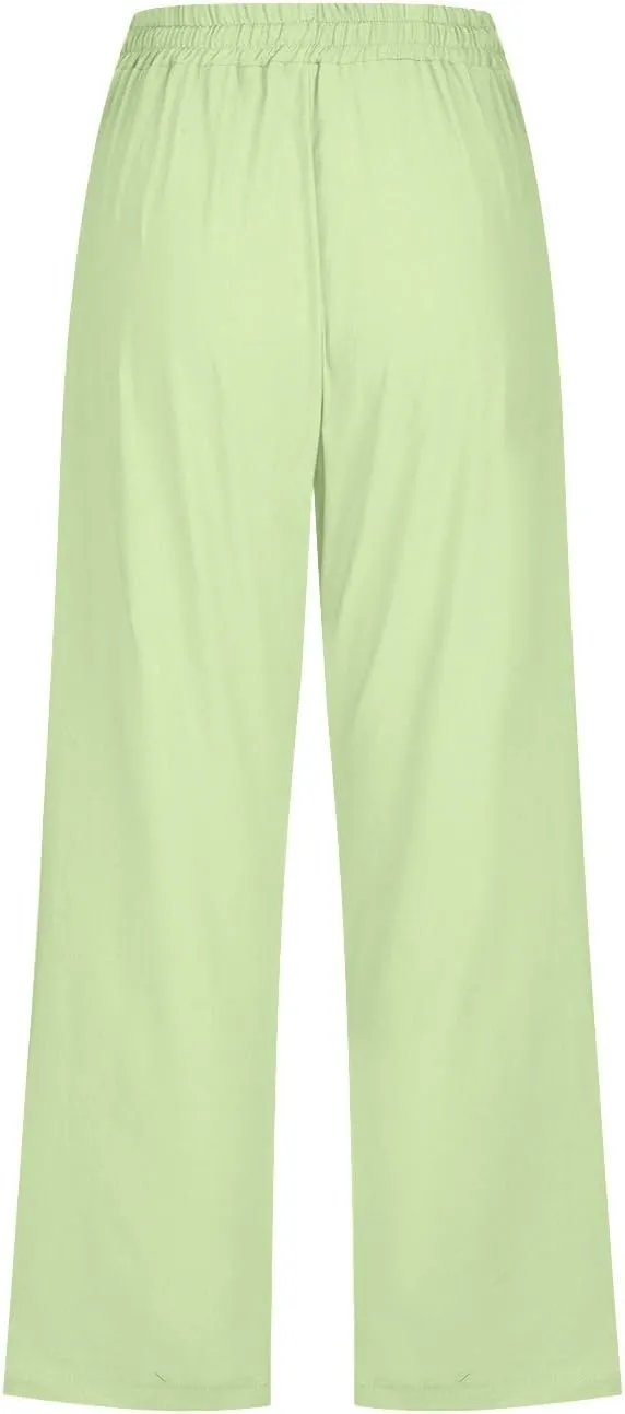 Capri Pants for Women Plus Size Button Summer Linen Pants Straight Leg Cropped Trouser High Waist Drawstring Capris