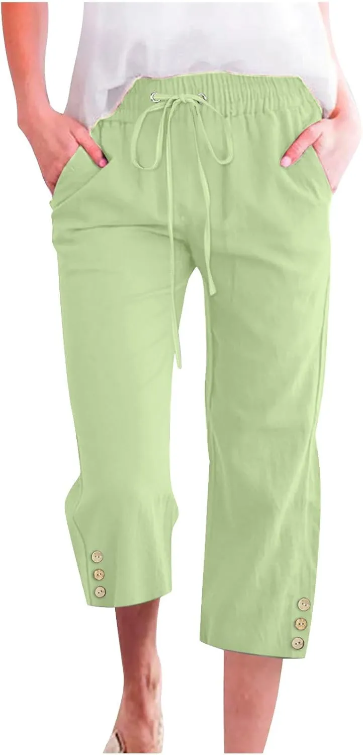 Capri Pants for Women Plus Size Button Summer Linen Pants Straight Leg Cropped Trouser High Waist Drawstring Capris