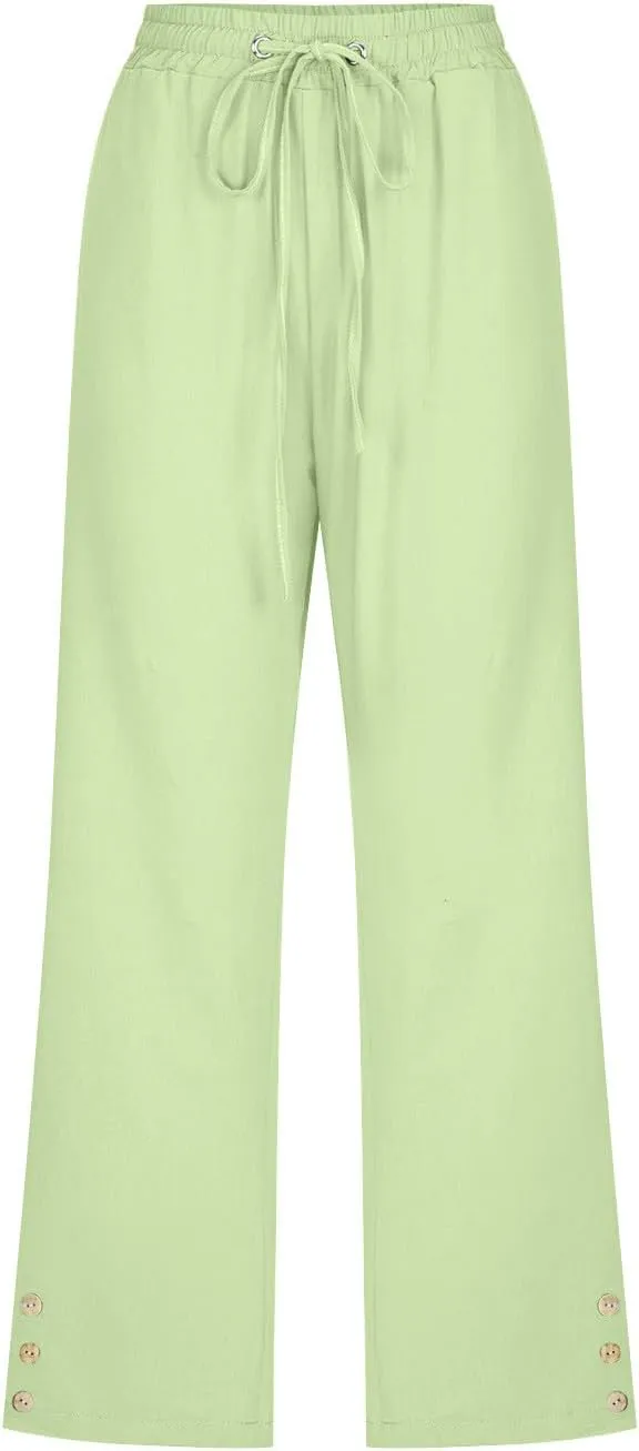 Capri Pants for Women Plus Size Button Summer Linen Pants Straight Leg Cropped Trouser High Waist Drawstring Capris