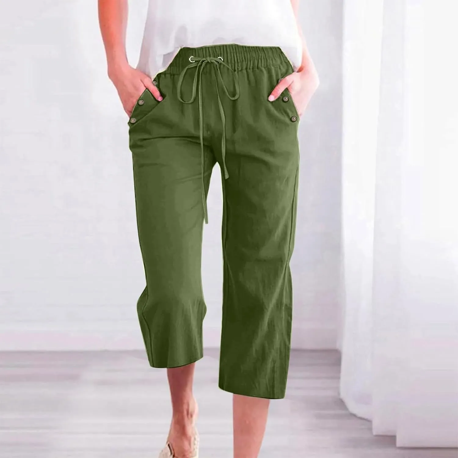 Capris Pants for Women Plus Size Cotton Linen Casual Summer Wide Leg Loose Drawstring Elastic Waist Cropped Trouser