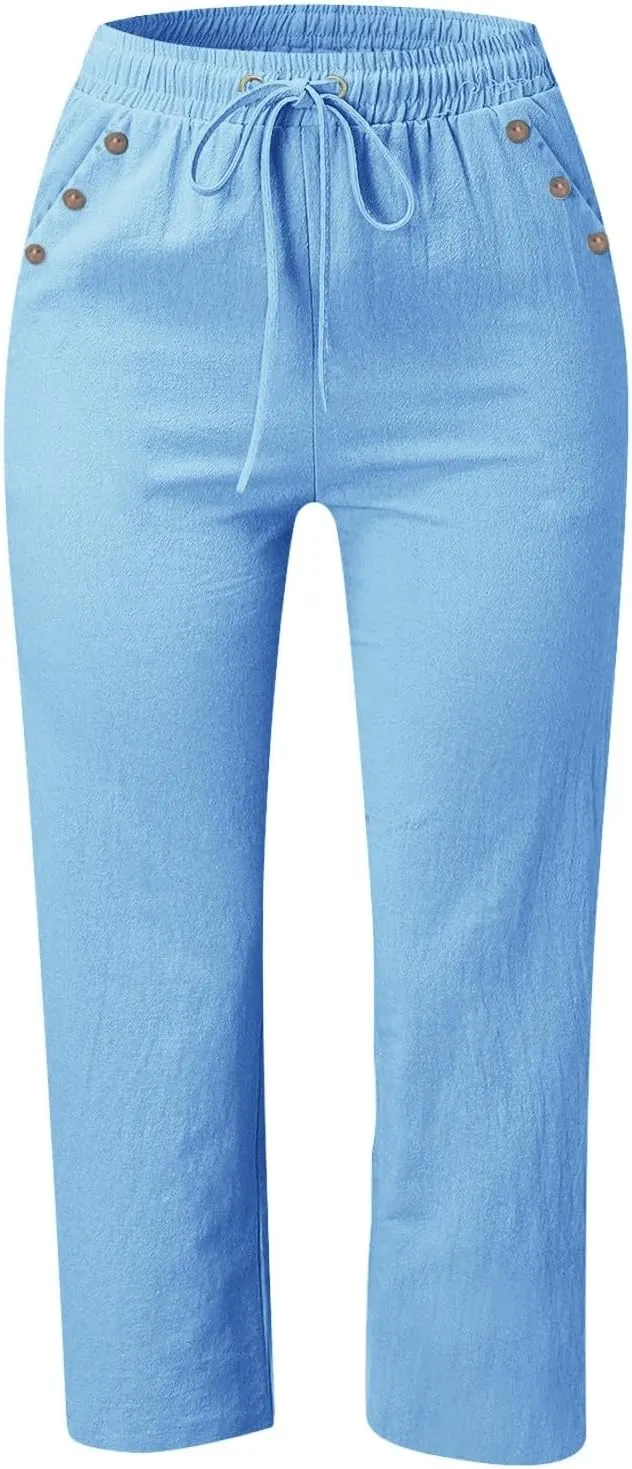 Capris Pants for Women Plus Size Cotton Linen Casual Summer Wide Leg Loose Drawstring Elastic Waist Cropped Trouser