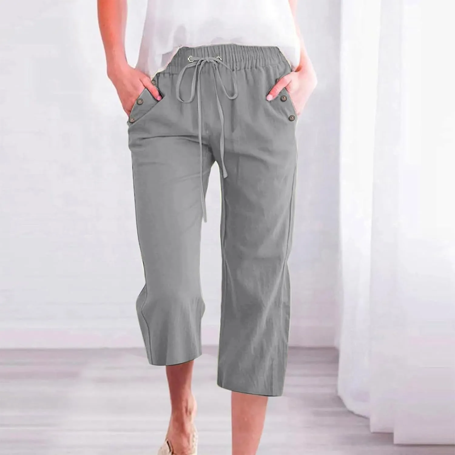 Capris Pants for Women Plus Size Cotton Linen Casual Summer Wide Leg Loose Drawstring Elastic Waist Cropped Trouser