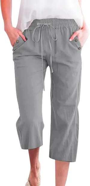 Capris Pants for Women Plus Size Cotton Linen Casual Summer Wide Leg Loose Drawstring Elastic Waist Cropped Trouser