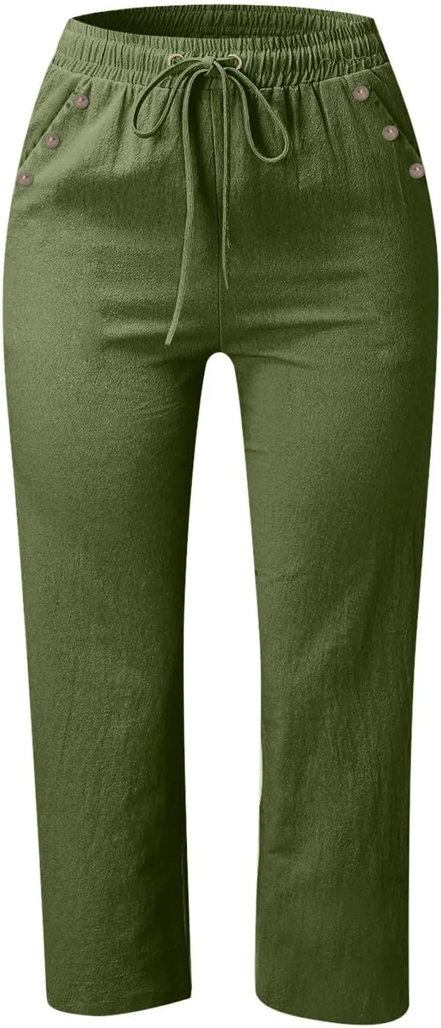 Capris Pants for Women Plus Size Cotton Linen Casual Summer Wide Leg Loose Drawstring Elastic Waist Cropped Trouser