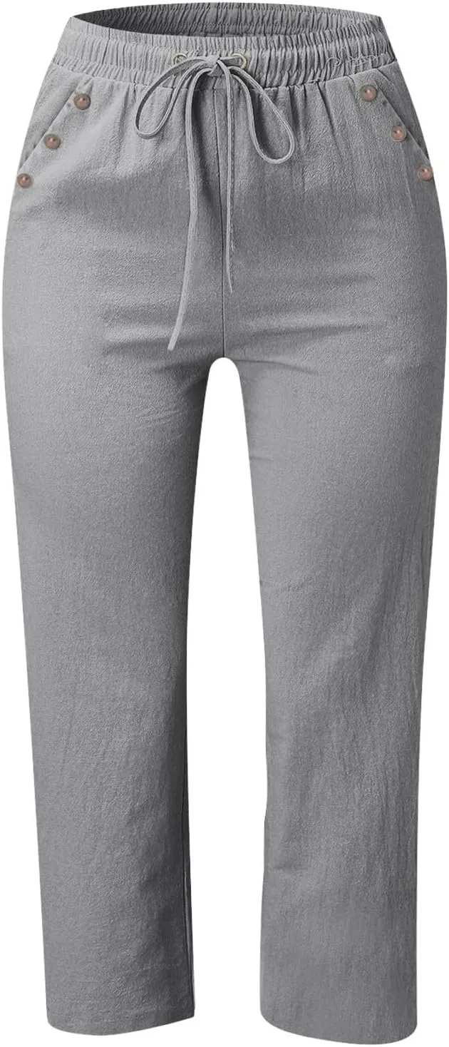 Capris Pants for Women Plus Size Cotton Linen Casual Summer Wide Leg Loose Drawstring Elastic Waist Cropped Trouser
