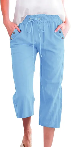 Capris Pants for Women Plus Size Cotton Linen Casual Summer Wide Leg Loose Drawstring Elastic Waist Cropped Trouser