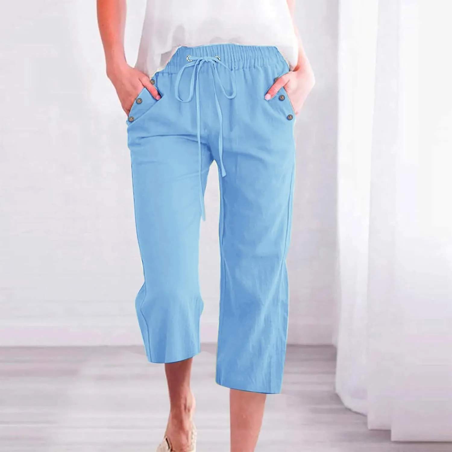 Capris Pants for Women Plus Size Cotton Linen Casual Summer Wide Leg Loose Drawstring Elastic Waist Cropped Trouser