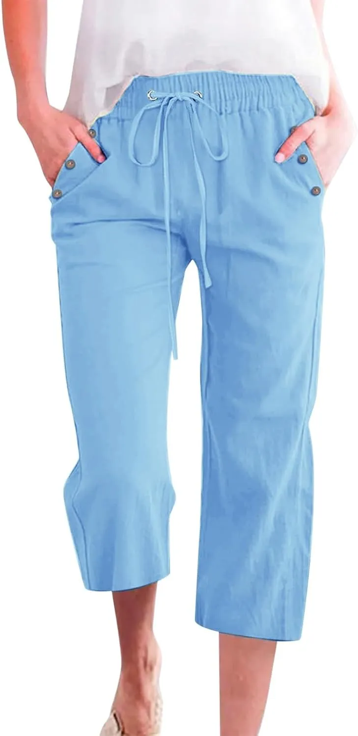 Capris Pants for Women Plus Size Cotton Linen Casual Summer Wide Leg Loose Drawstring Elastic Waist Cropped Trouser