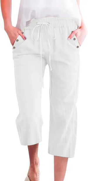 Capris Pants for Women Plus Size Cotton Linen Casual Summer Wide Leg Loose Drawstring Elastic Waist Cropped Trouser