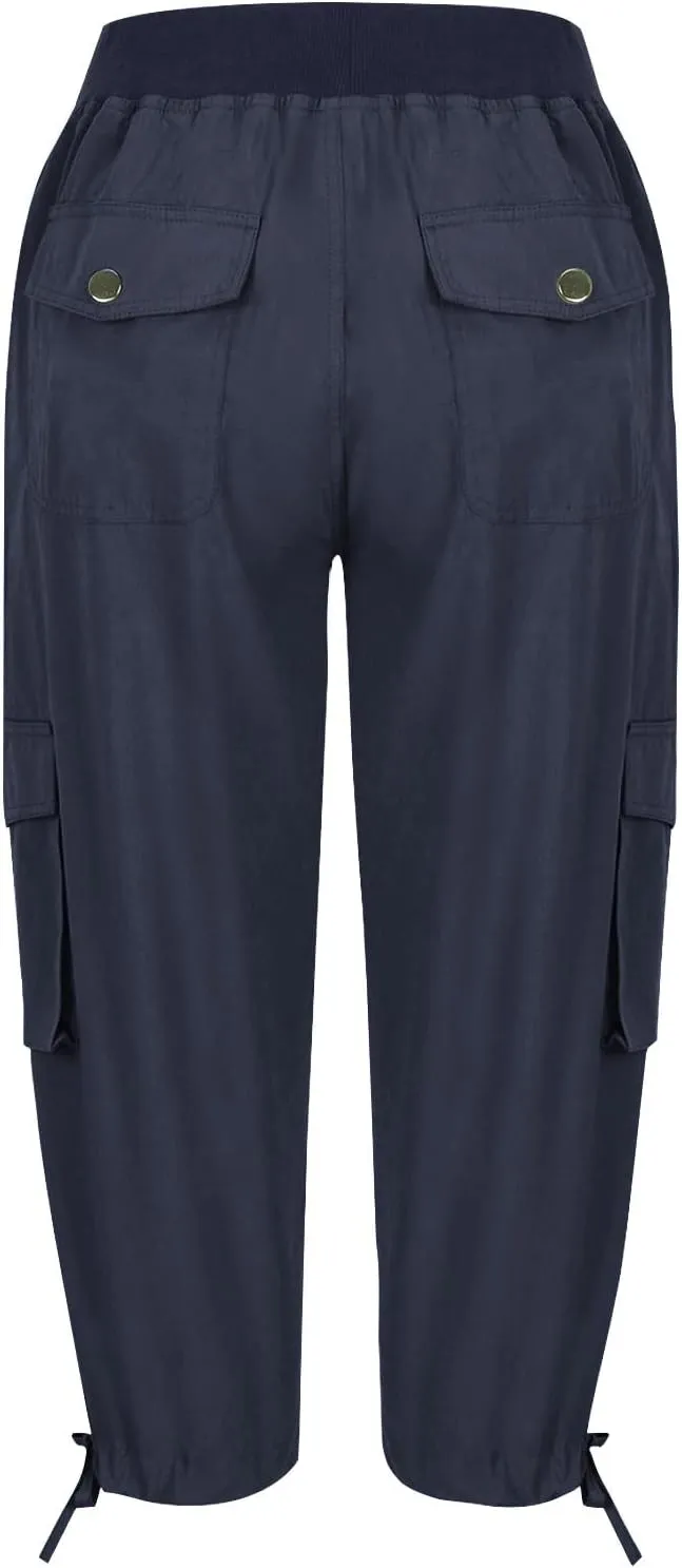 Cargo Capri Pants for Women High Waisted Relaxed Fit Elastic Waist Casual Capris Summer Cropped Pants Hiking Trousers
