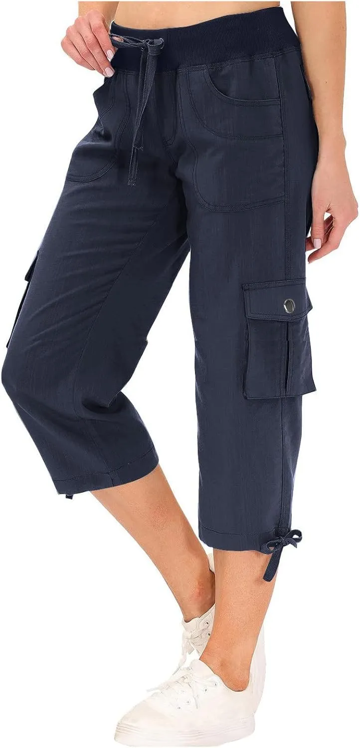 Cargo Capri Pants for Women High Waisted Relaxed Fit Elastic Waist Casual Capris Summer Cropped Pants Hiking Trousers
