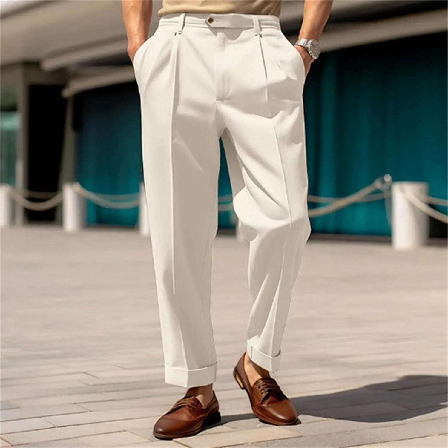 Casual Slim Fit Pants for Mens Fly Button Straight Leg Trousers with Pocket Lightweight Pleated Stretch Golf Work Chino Pants