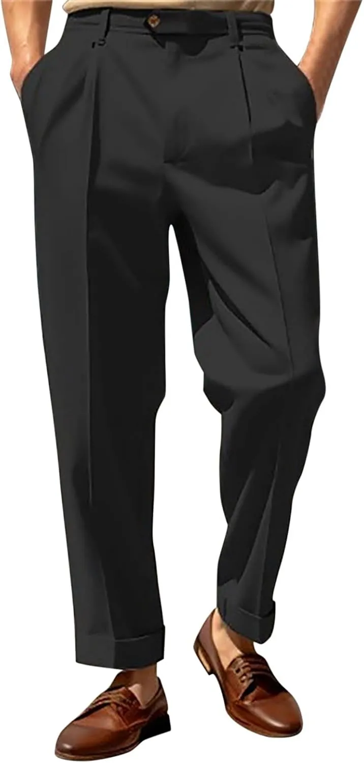 Casual Slim Fit Pants for Mens Fly Button Straight Leg Trousers with Pocket Lightweight Pleated Stretch Golf Work Chino Pants