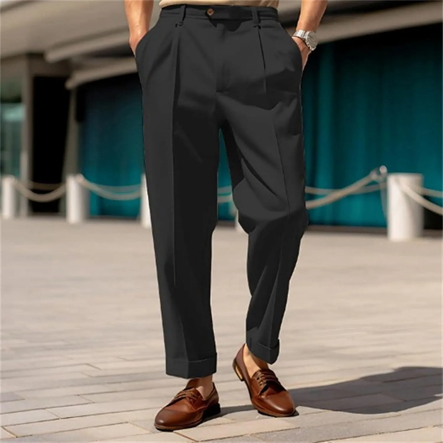 Casual Slim Fit Pants for Mens Fly Button Straight Leg Trousers with Pocket Lightweight Pleated Stretch Golf Work Chino Pants