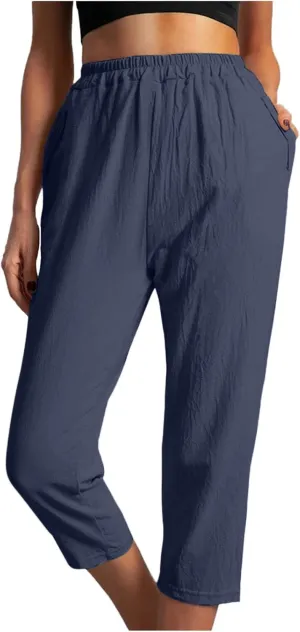 Ceboyel Womens High Waist Elastic Waist Pants Cotton Linen Summer Pant Ankle Length Comfy Trousers Boho Travel Clothes