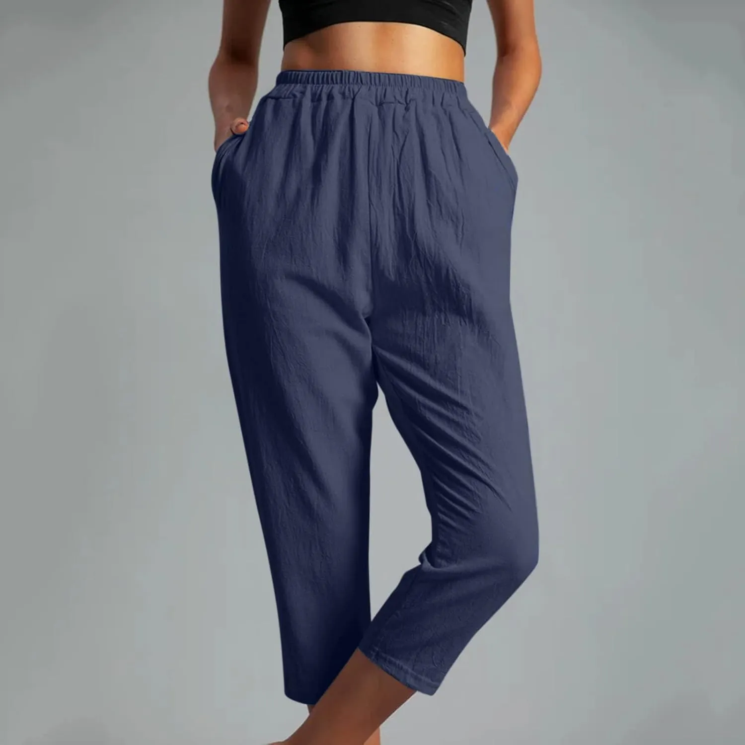 Ceboyel Womens High Waist Elastic Waist Pants Cotton Linen Summer Pant Ankle Length Comfy Trousers Boho Travel Clothes