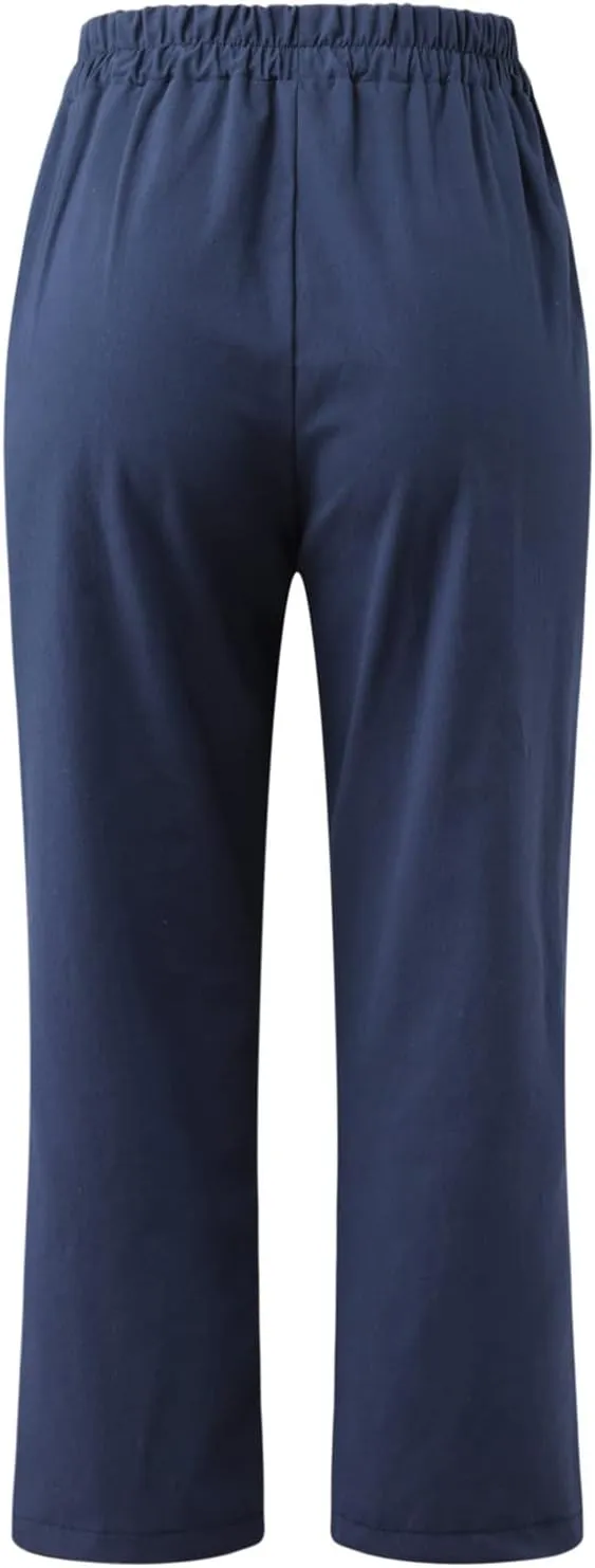 Ceboyel Womens High Waist Elastic Waist Pants Cotton Linen Summer Pant Ankle Length Comfy Trousers Boho Travel Clothes