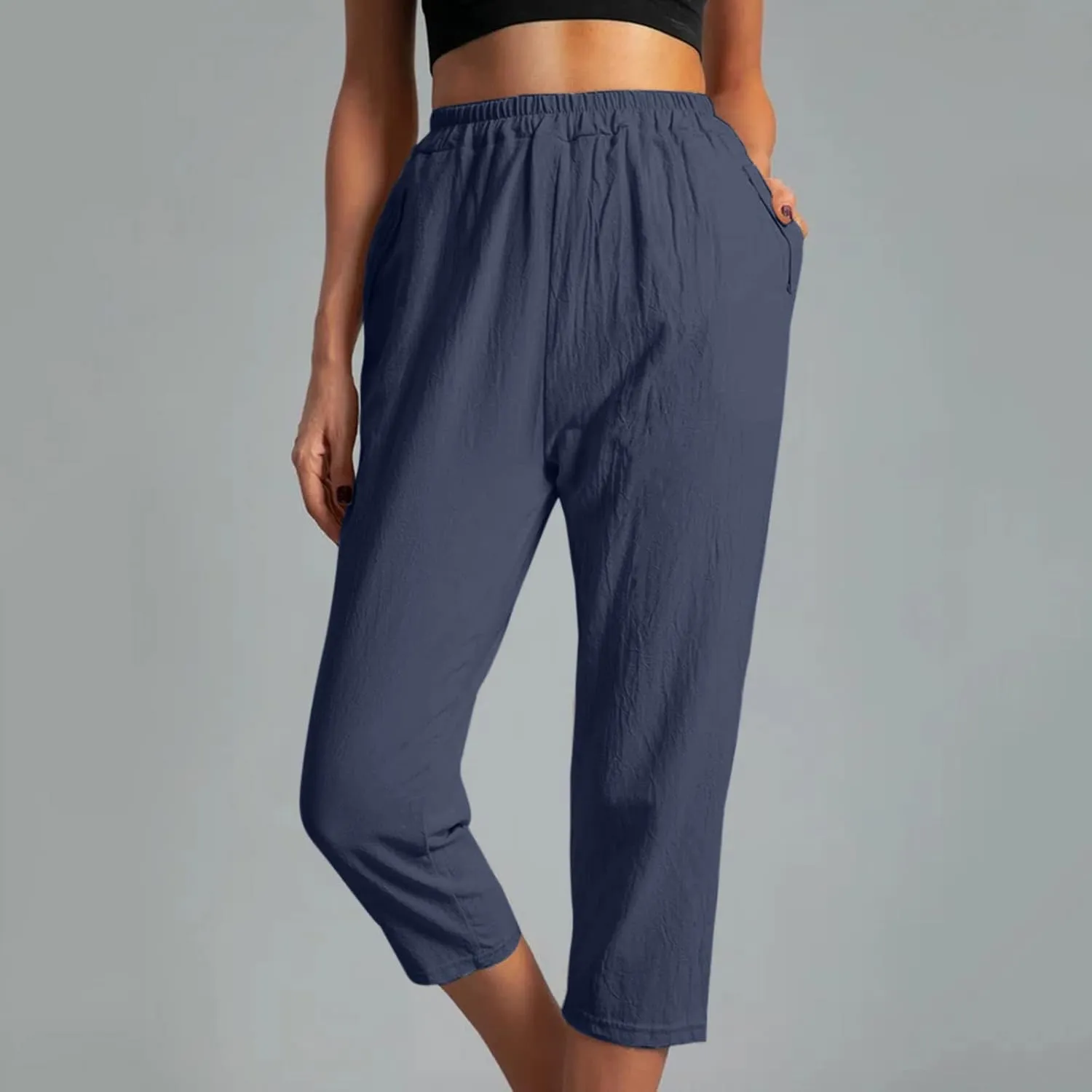Ceboyel Womens High Waist Elastic Waist Pants Cotton Linen Summer Pant Ankle Length Comfy Trousers Boho Travel Clothes