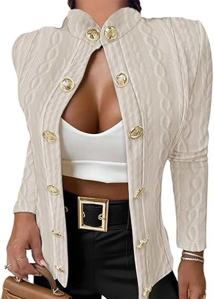 CHICME Women Lightweight Casual Jacket Argyle Cable Cropped Coat Stand Collar Long Sleeve Metal Button Front Jackets