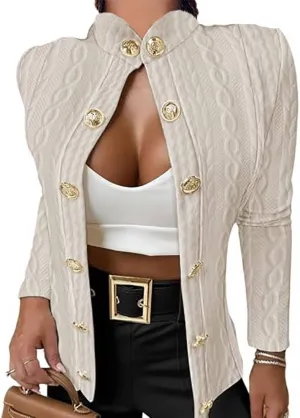 CHICME Women Lightweight Casual Jacket Argyle Cable Cropped Coat Stand Collar Long Sleeve Metal Button Front Jackets