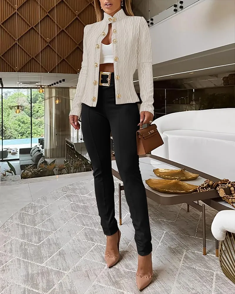CHICME Women Lightweight Casual Jacket Argyle Cable Cropped Coat Stand Collar Long Sleeve Metal Button Front Jackets