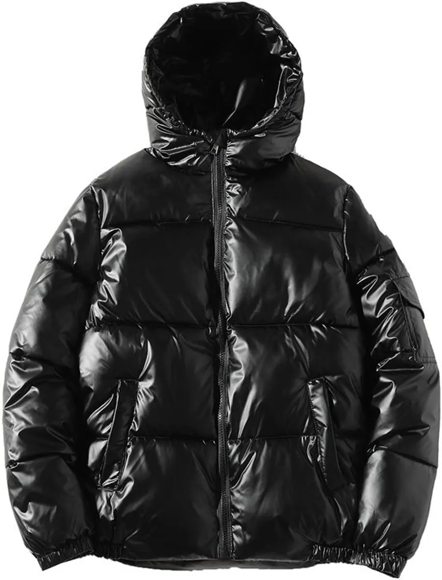 chouyatou Men's Casual Hooded Full Zip Metallic Shiny Short Bomber Alternative Down Coat