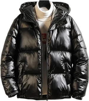 chouyatou Men's Casual Hooded Full Zip Metallic Shiny Short Bomber Alternative Down Coat