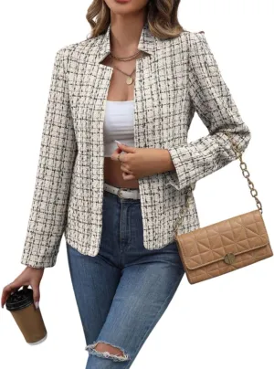 chouyatou Women's Fall Business Plaid Tweed Blazer Jacket Collarless Open Front Dressy Tweed Blazer Suit