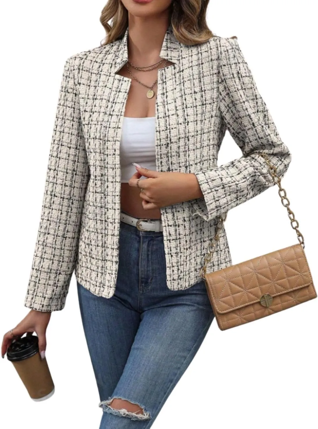 chouyatou Women's Fall Business Plaid Tweed Blazer Jacket Collarless Open Front Dressy Tweed Blazer Suit