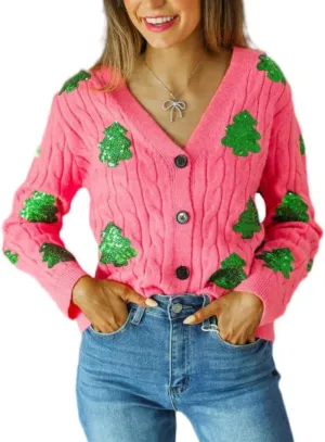 Christmas Sequin Cardigan for Women Funny Graphic Button Down Ugly Sweaters Cute Open Front Knitted Long Sleeve Top