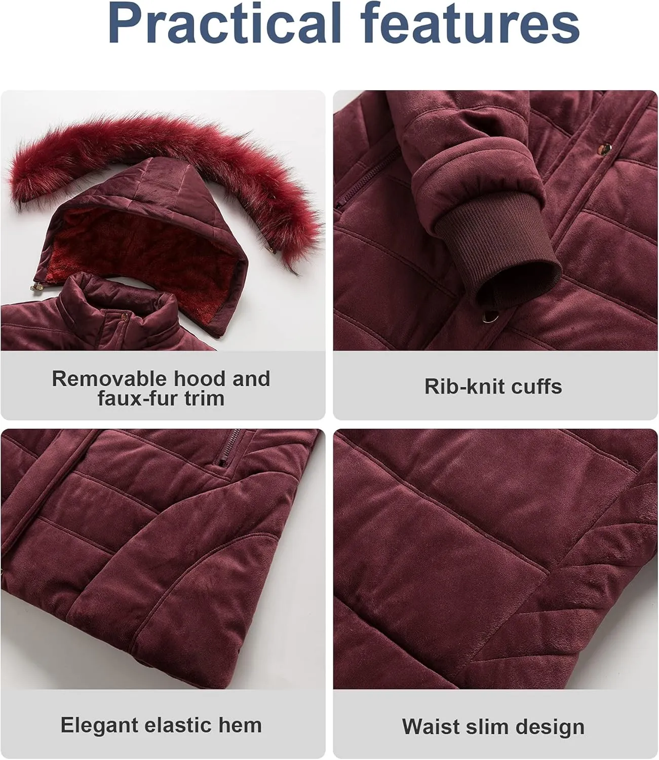 Chrisuno Women's Warm Winter Coat Velvet Puffer Jacket Quilted Faux Fur Hood