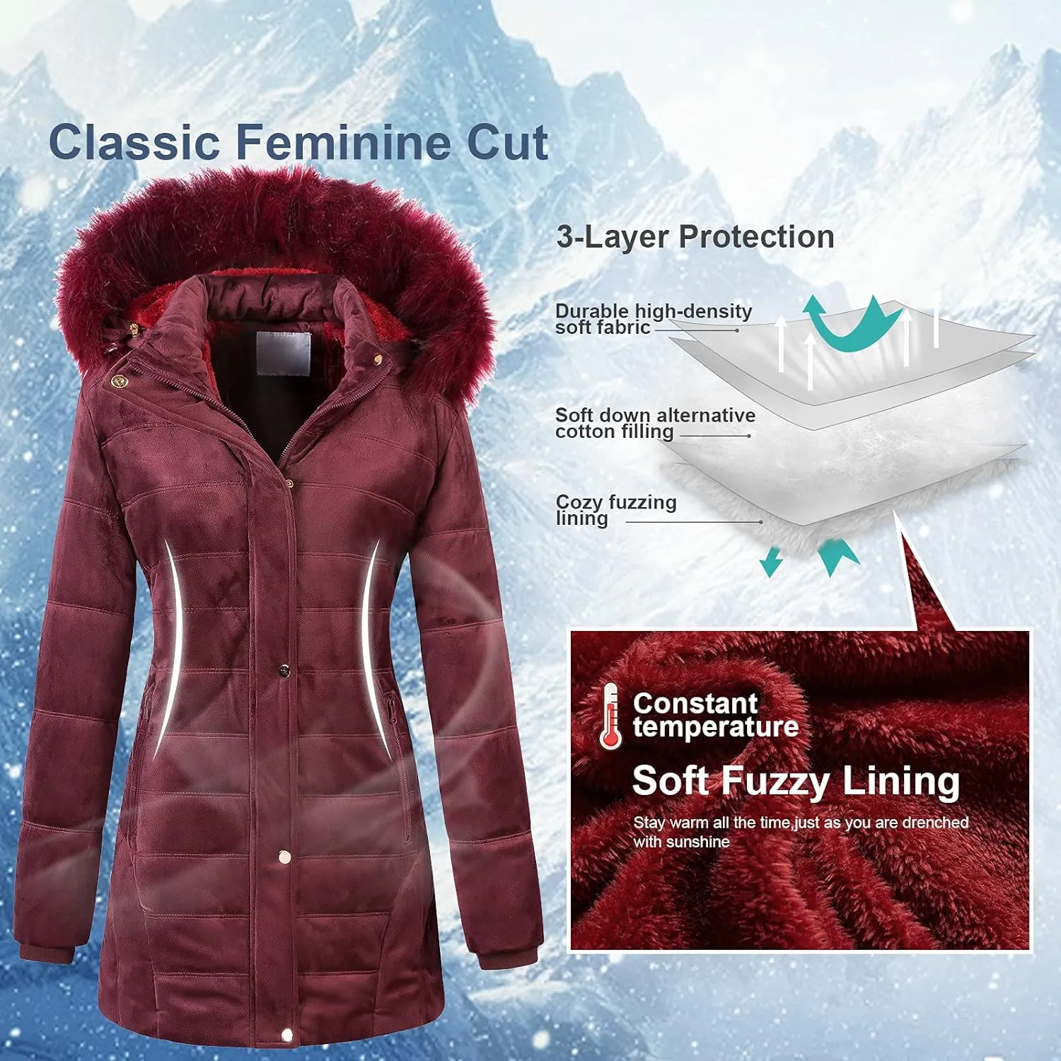 Chrisuno Women's Warm Winter Coat Velvet Puffer Jacket Quilted Faux Fur Hood