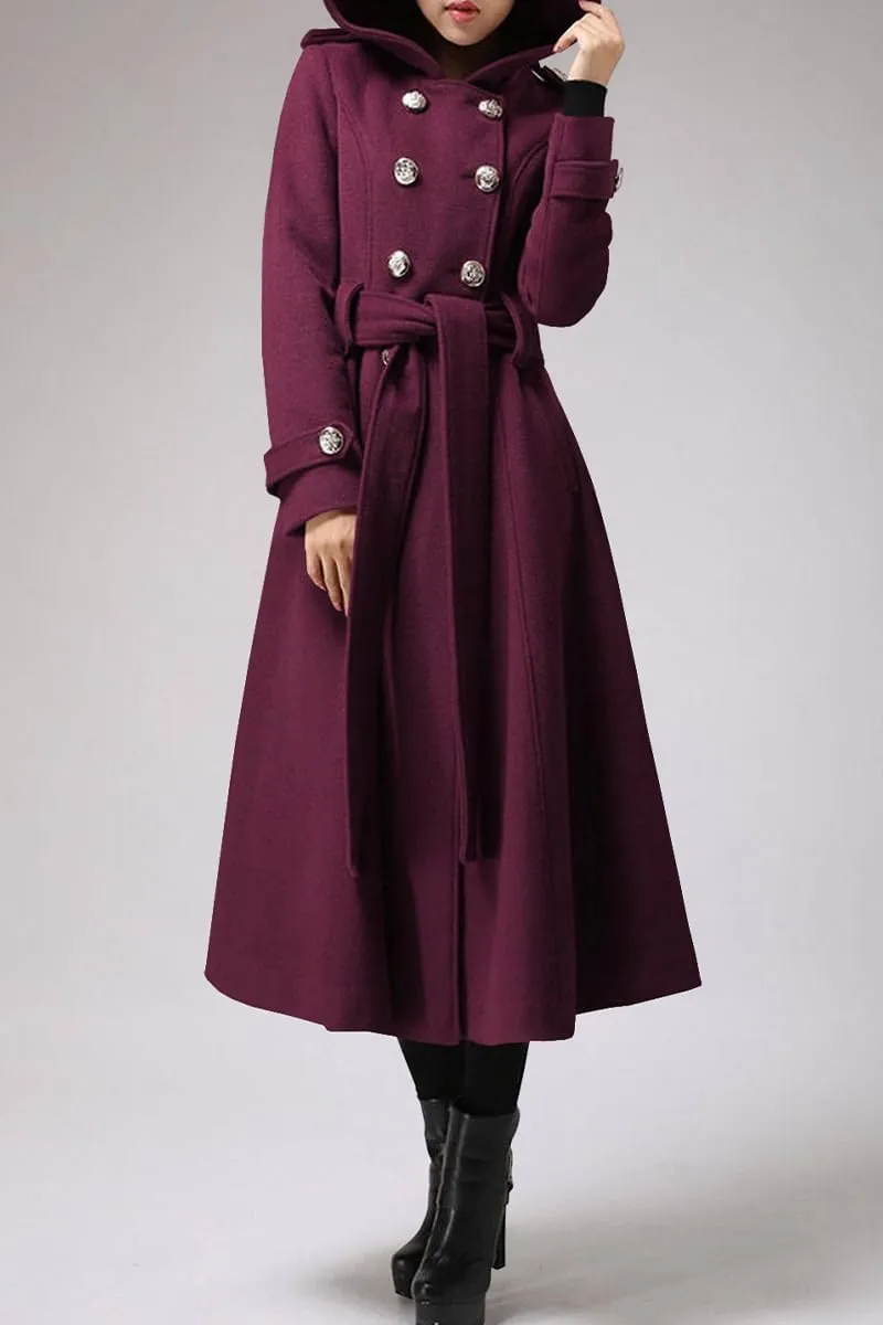 Cicy Bell Womens Long Double-Breasted Hooded Coat Winter Warm Wool Trench Coat with Belts