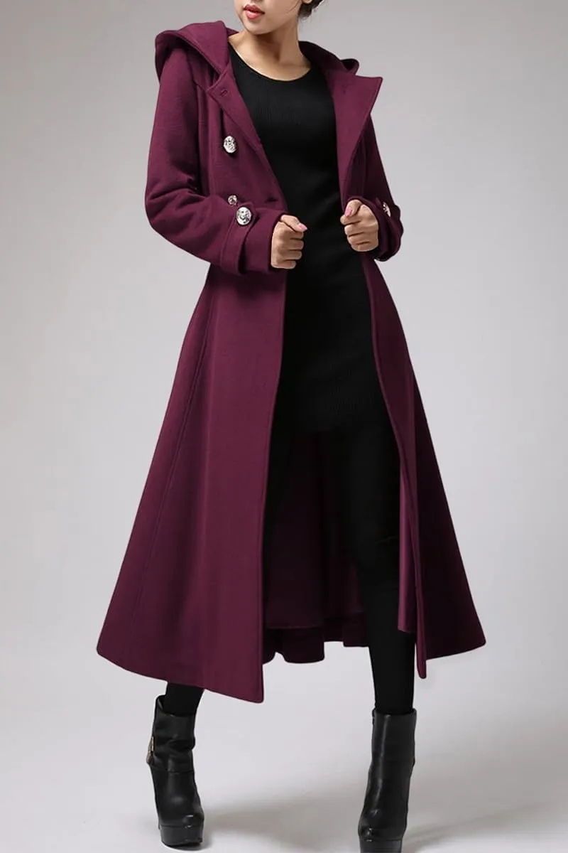 Cicy Bell Womens Long Double-Breasted Hooded Coat Winter Warm Wool Trench Coat with Belts