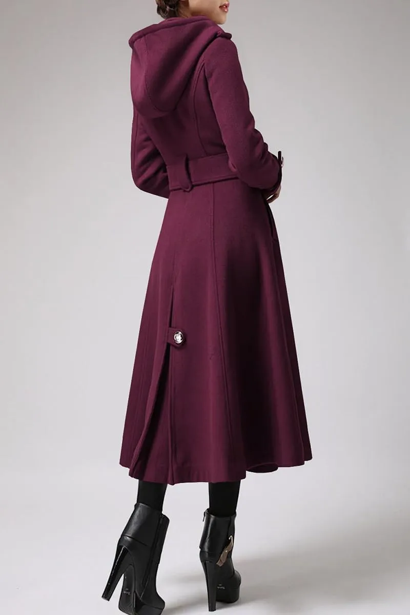 Cicy Bell Womens Long Double-Breasted Hooded Coat Winter Warm Wool Trench Coat with Belts